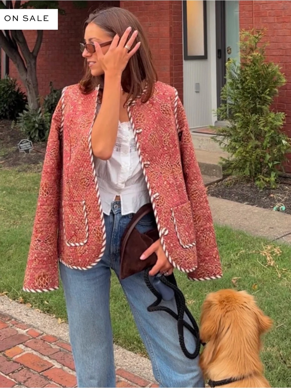 Hill House The Rowan Jacket -Coral-Red Tweed Blazer with Braided Trim